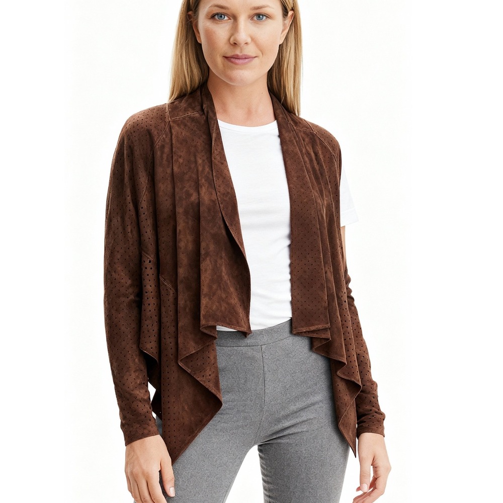 Magaschoni‎ Collection Brown Suede Perforated Open Front Drape Cardigan Jacket